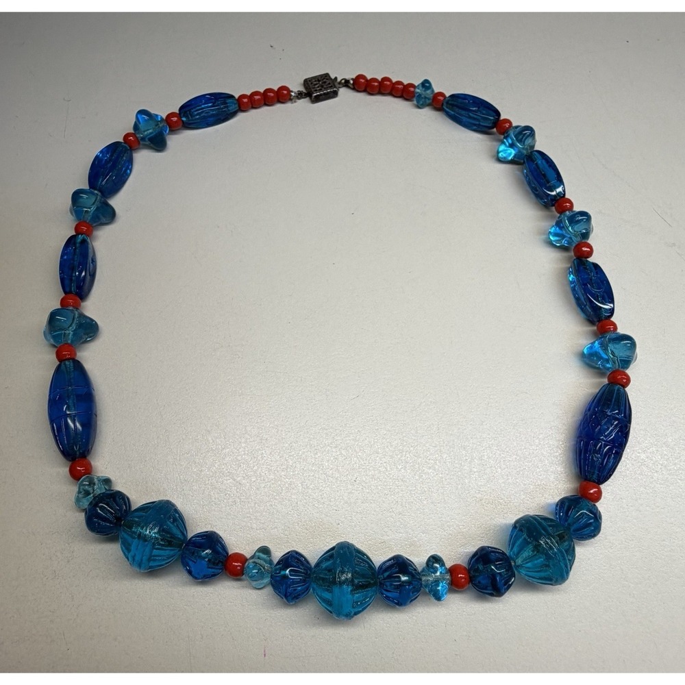 Vintage Art Deco Czech Glass Bead Necklace Blue Red Sterling Silver Clasp 16.5"